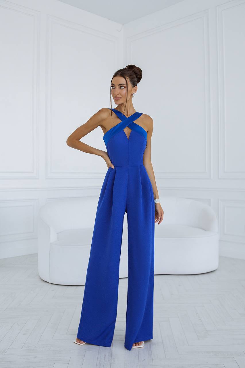 Electra Women's Jumpsuit in Blue with Satin Cross Straps