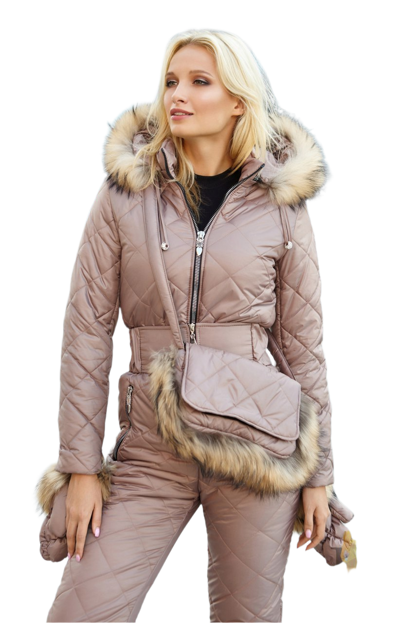 Woman wearing a beige winter coat with fur hood and waistcoat on a white background