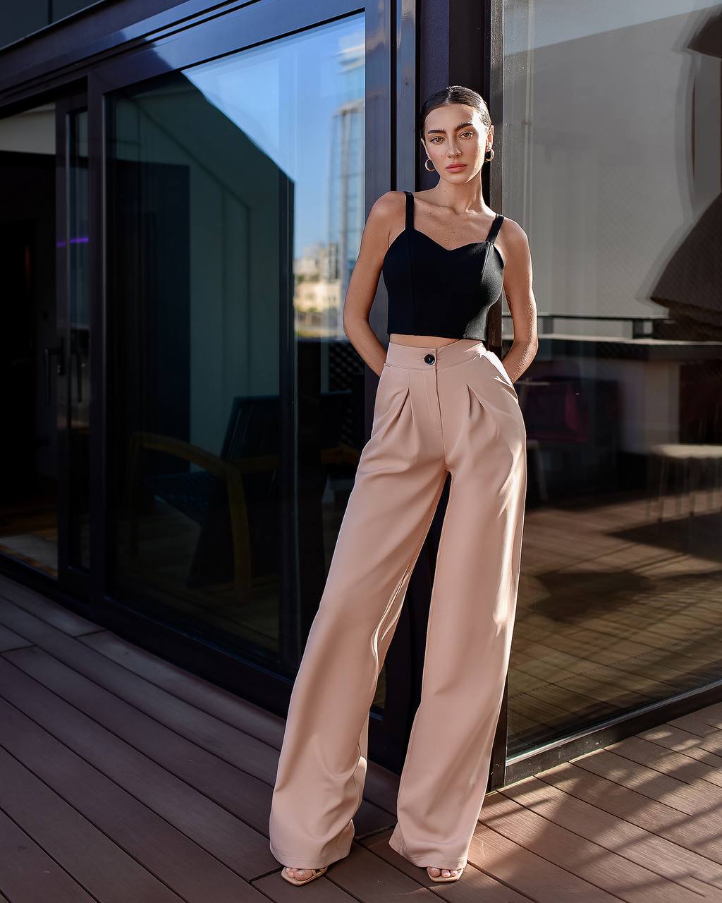 Wide Leg Trousers for Women in Suiting Diagonal Crepe Fabric