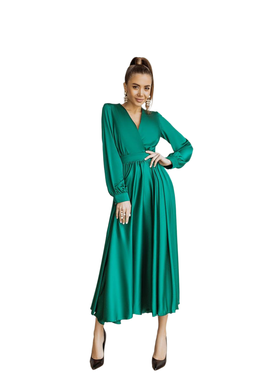 Elegant Green Silk Long Sleeve Midi Dress for Women