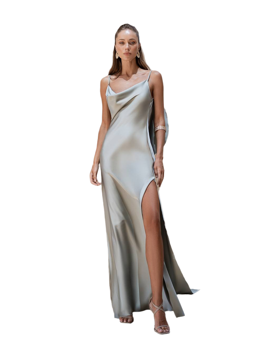 Elegant Premium Satin Long Dress with Slit in Olive and Neutral Tones