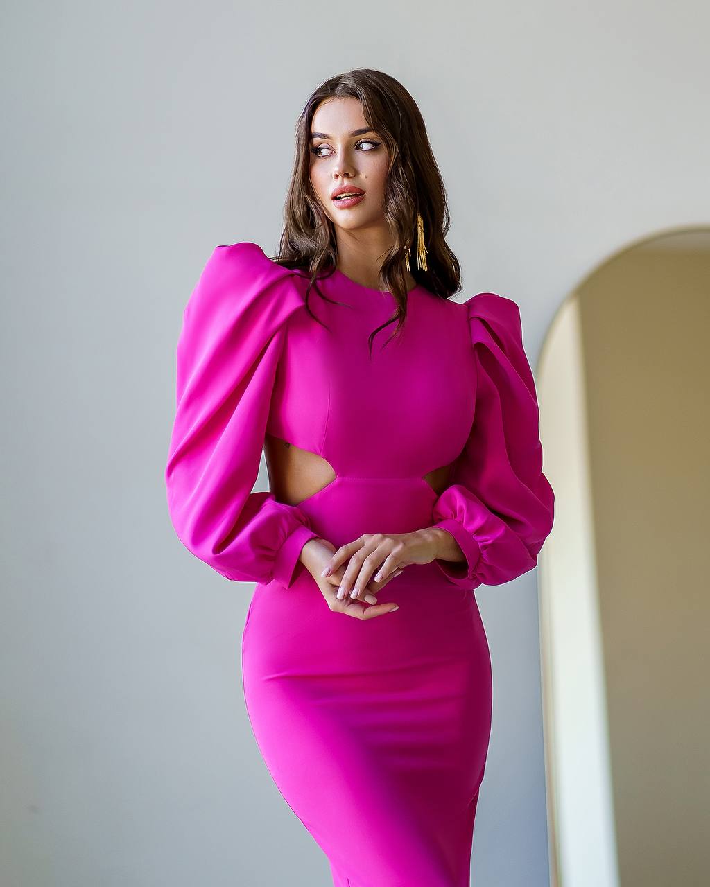 Elegant Midi Dress For Women In Premium Suit Diagonal Fabric