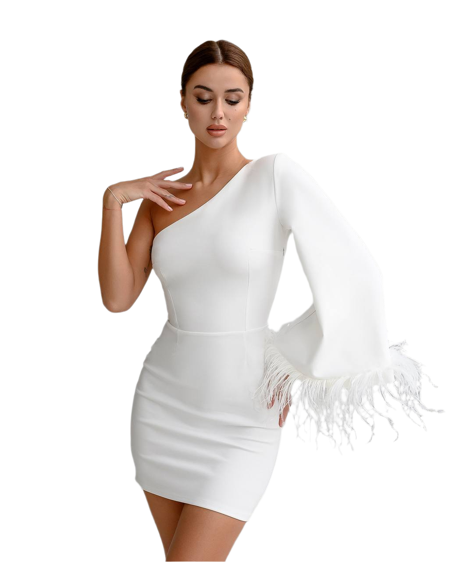 Feather Trim One Shoulder Bandage Dress for Women