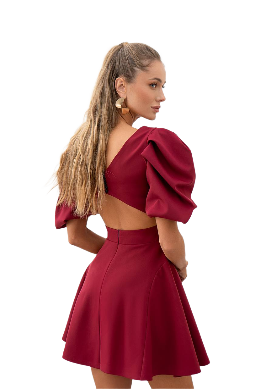 Womens Burgundy Diagonal Crepe Dress with Puff Sleeves and Cutout Back