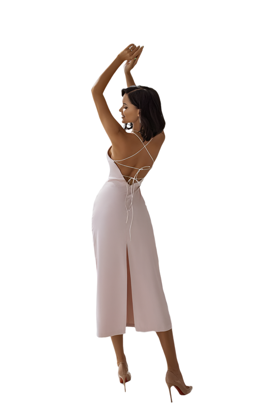 Elegant Satin Slip Dress for Women with Open Back and Midi Length