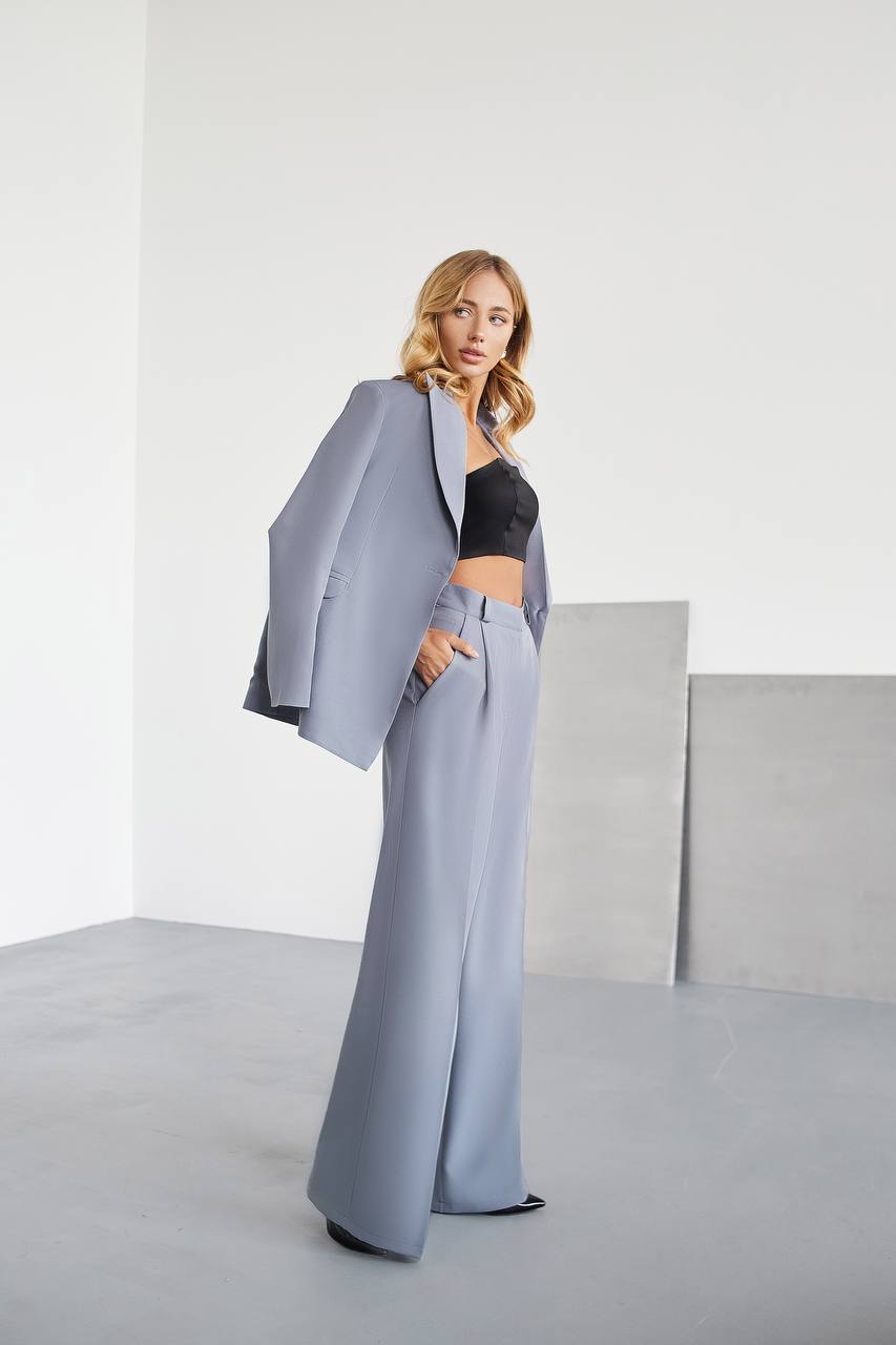 Gray Palazzo Suit Women Diagonal Crepe Tailored Blazer and Wide Leg Trousers