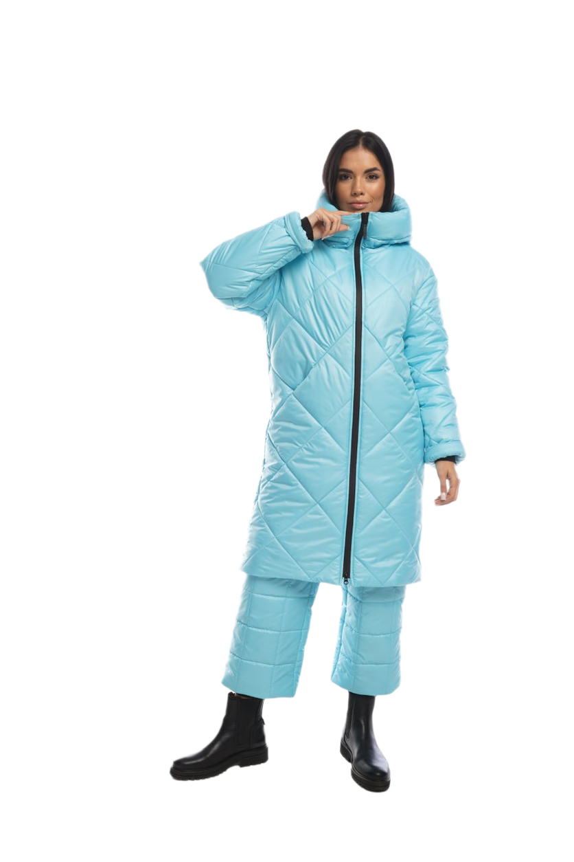 Winter Warm Suit for City Walks Women Sky Blue Quilted Coat and Cropped Pants Water Repellent Siliconized