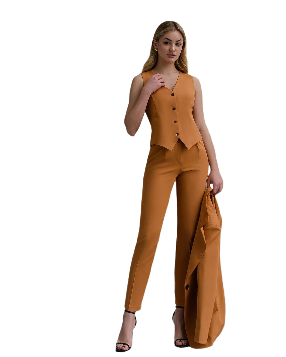 Woman wearing a mustard yellow suit on a white background