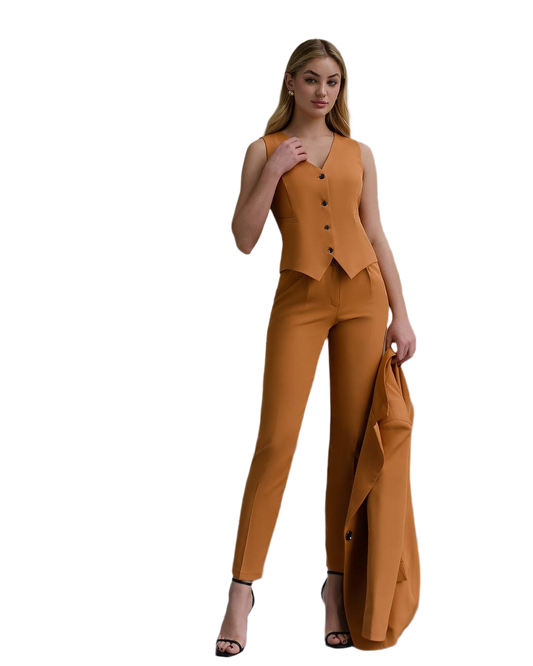 Woman wearing a mustard yellow suit on a white background