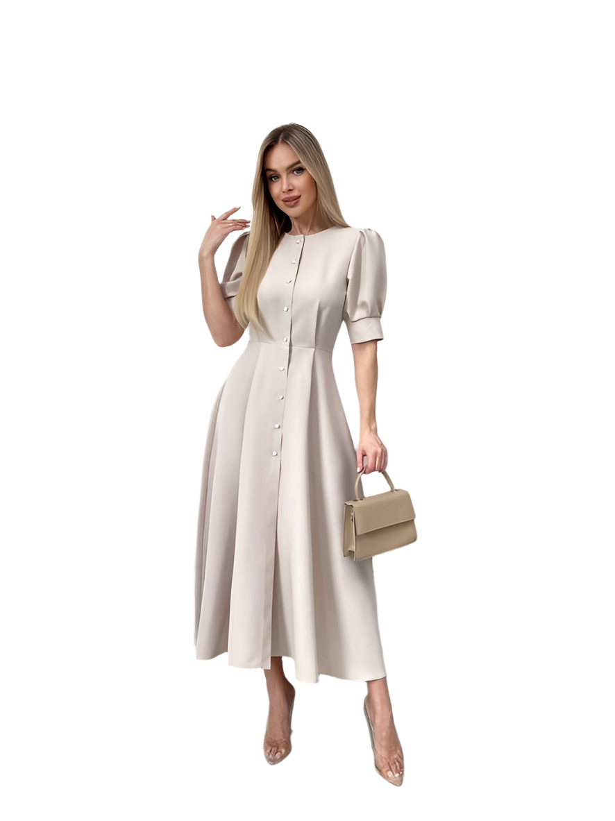 Elegant Beige Midi Dress with Button Front and Puff Sleeves