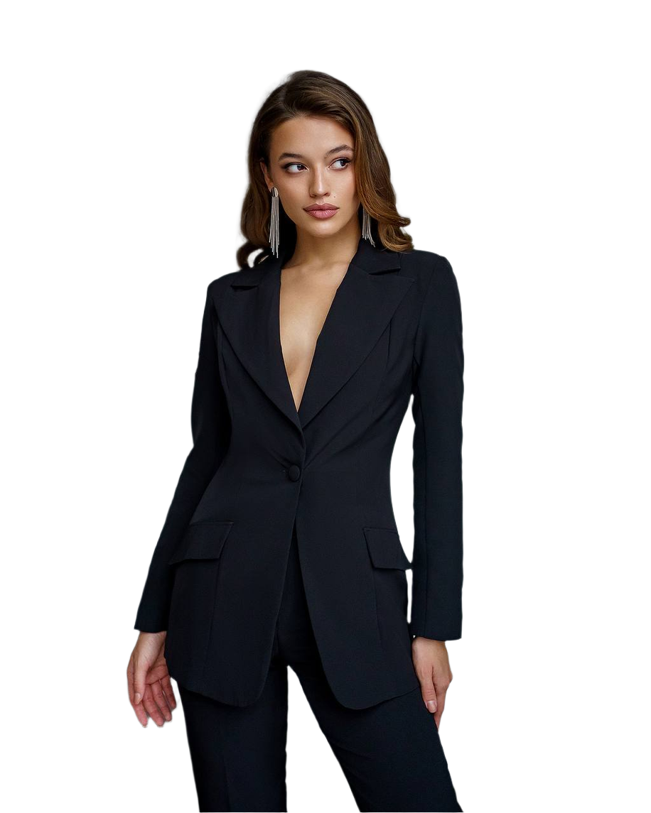 Women's Elegant Black Suit With Crepe Diagonal Fabric