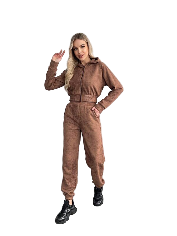 Womens Brown Hooded Tracksuit 2 Piece Set Casual Sportswear