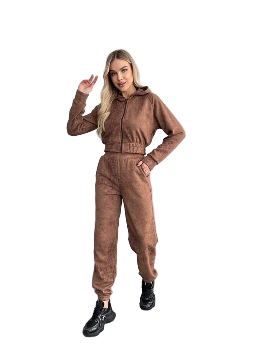 Womens Brown Hooded Tracksuit 2 Piece Set Casual Sportswear