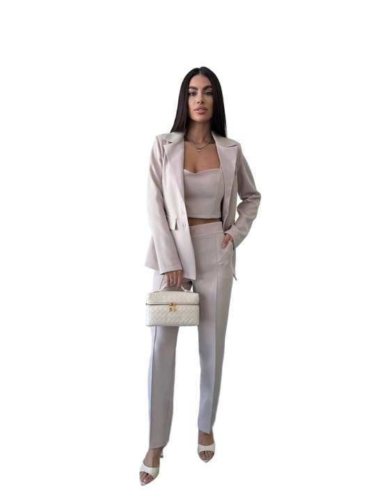 Beige Womens Three Piece Suit with Blazer Top and Trousers