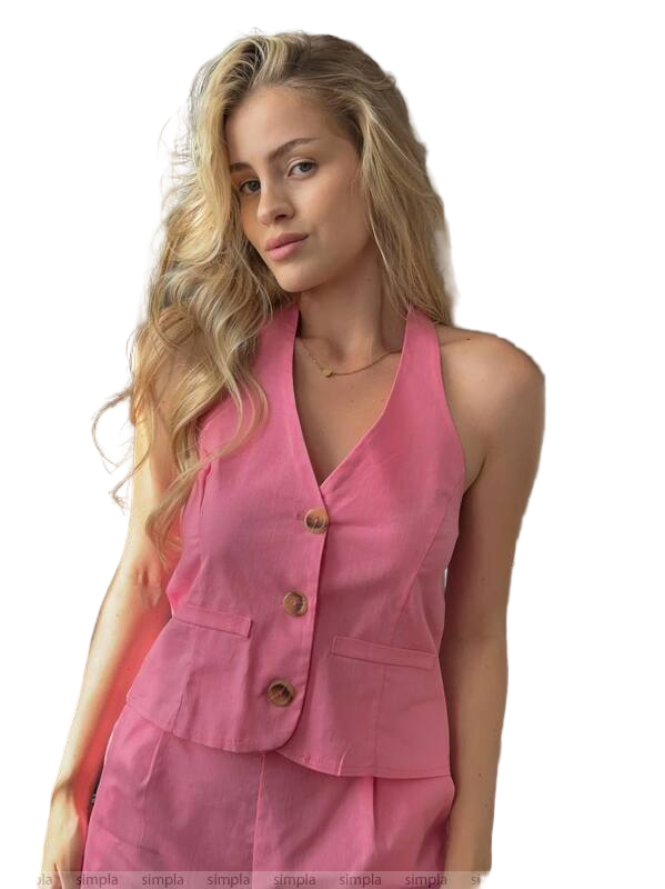 Woman wearing a pink sleeveless top with buttons on a white background