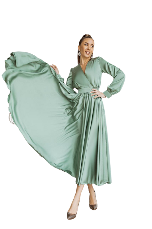Elegant Long Sleeve Silk Dress for Women in Soft Sage Green