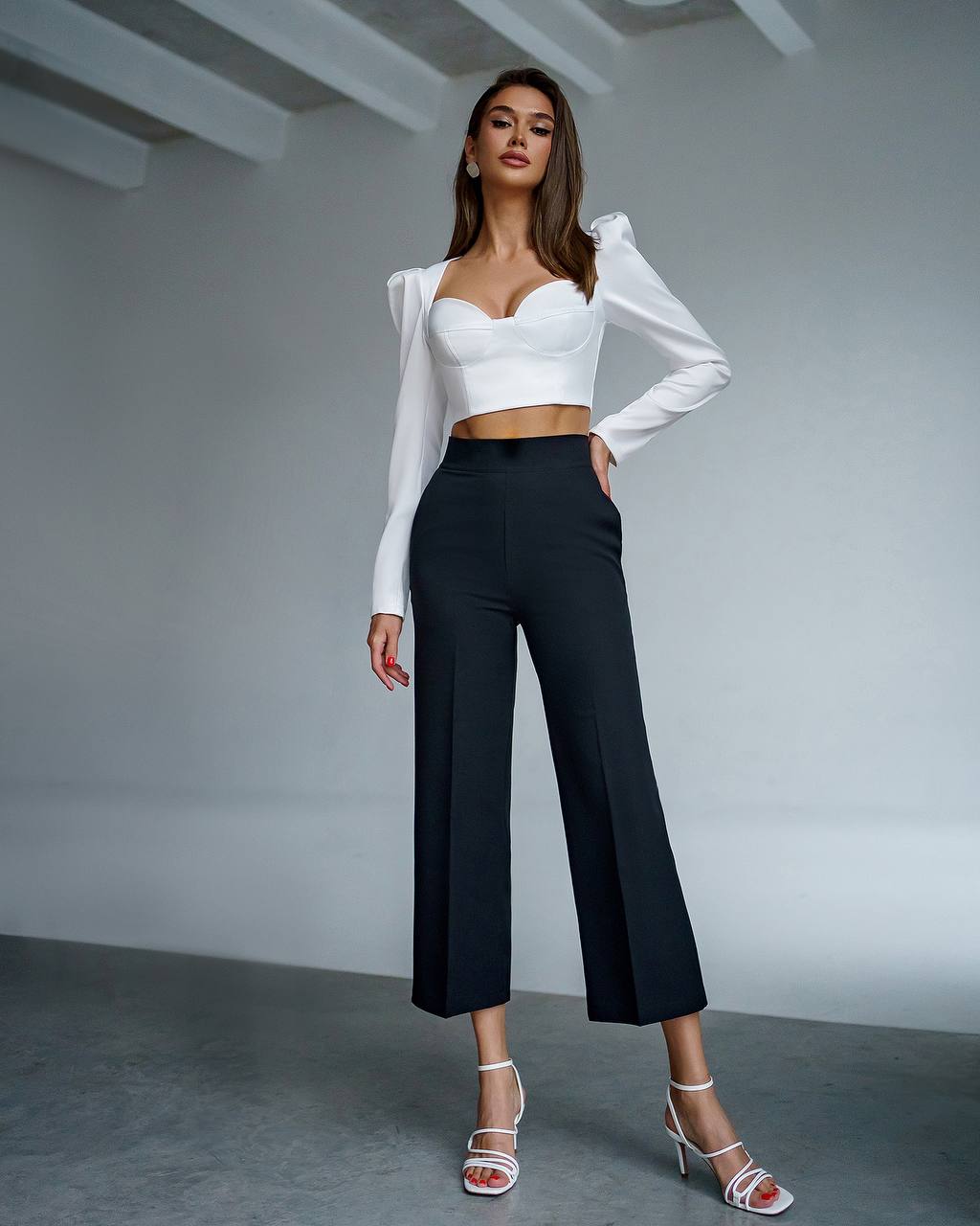 Elegant Womens Satin Blouse Top with Puff Sleeves in White