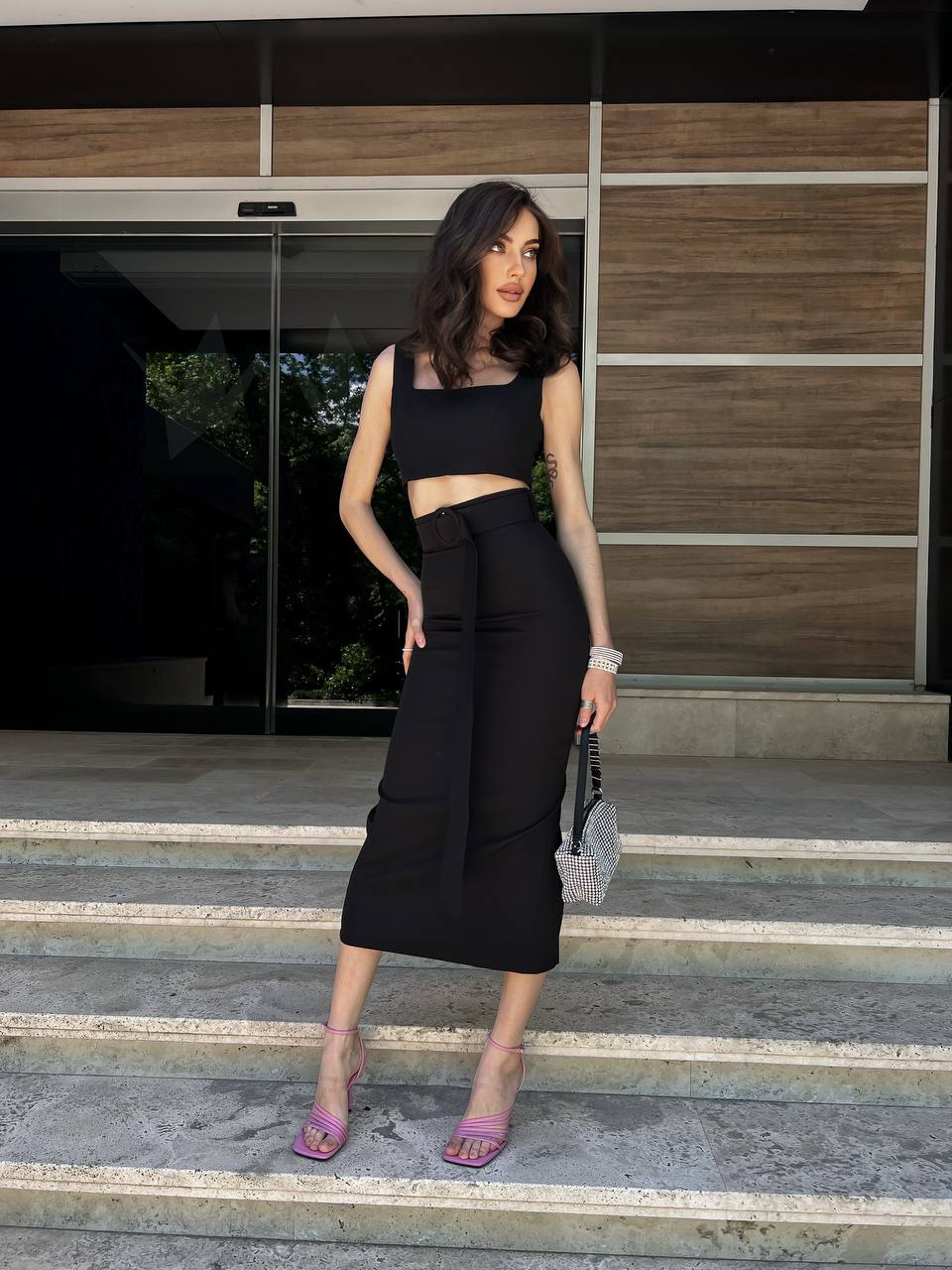 Women Pencil Skirt and Top Set Diagonal Crepe Black