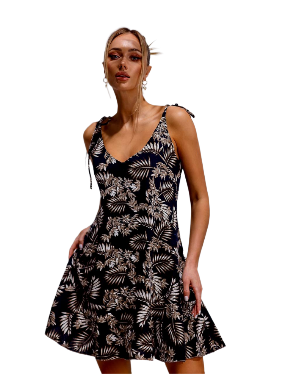 Printed Linen Sundress with Tropical Palm Leaf Print