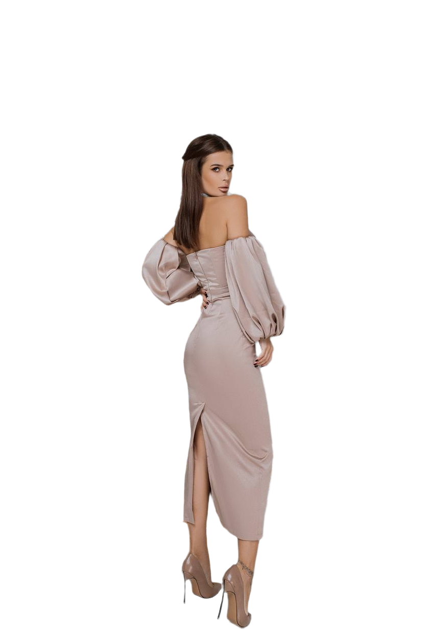 Woman wearing a beige off-shoulder dress with a slit on a white background