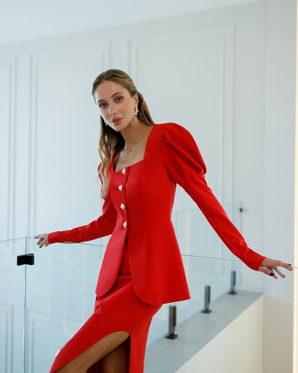 Premium Diagonal Suiting Crepe Red Midi Skirt with Belt