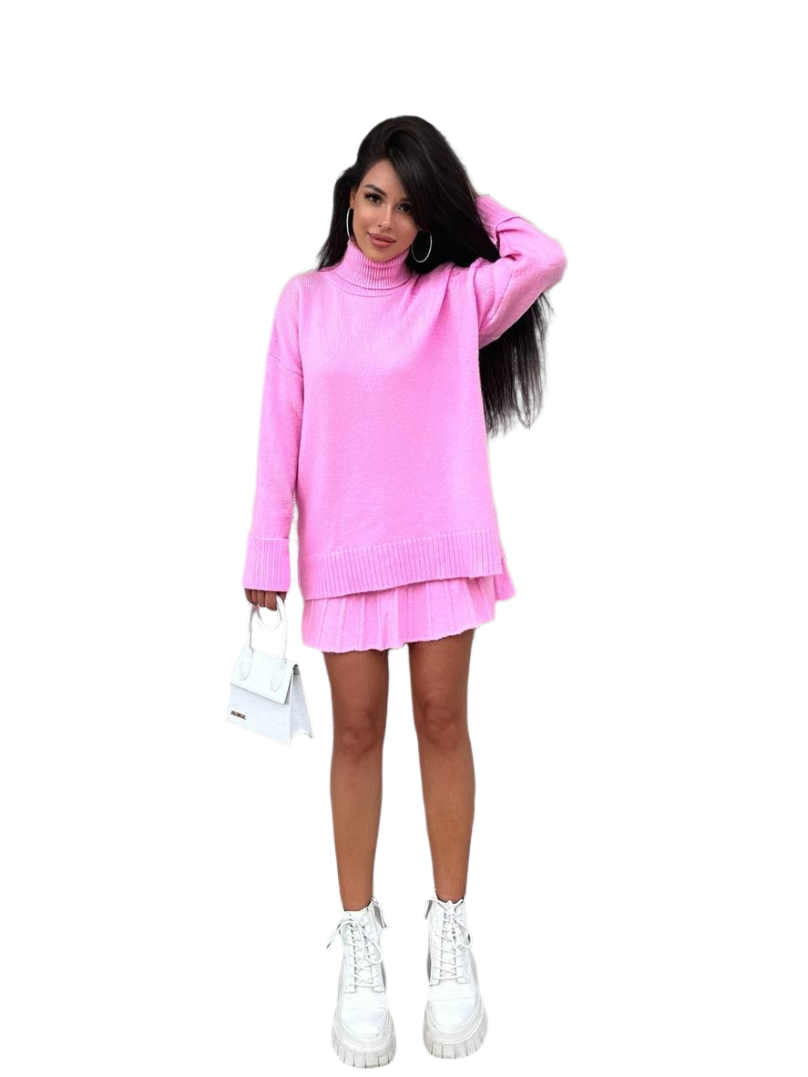 Womens Warm Molly Knit Suit Turtleneck Sweater and Skirt Set Pink