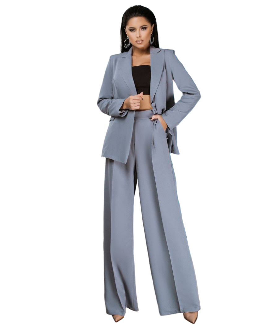 Gray Palazzo Suit Women Diagonal Crepe Tailored Blazer and Wide Leg Trousers