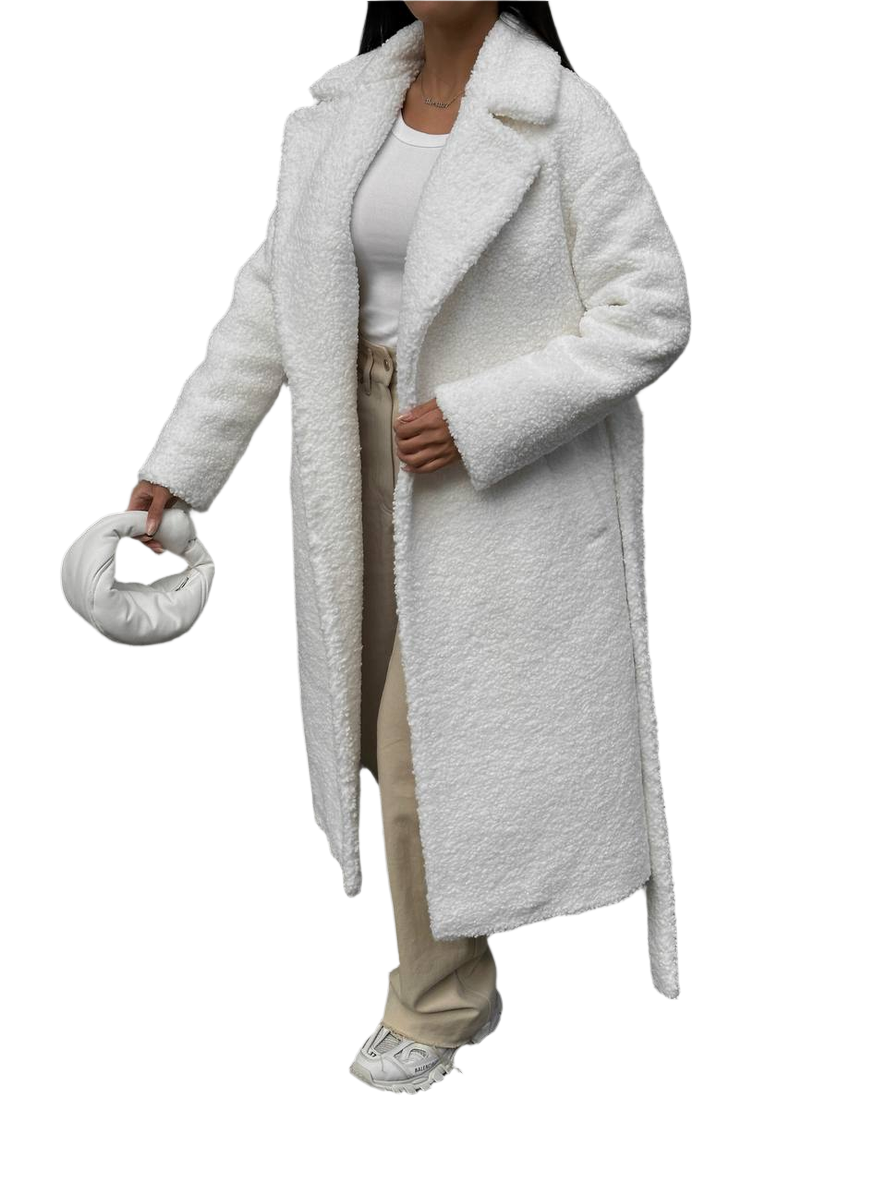 Winter Faux Fur Coat for Women with Belt White Boucle Warm Insulated Outerwear