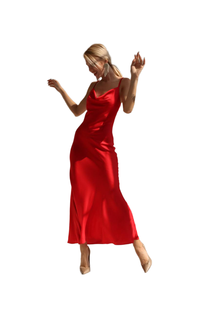 Women Red Midi Combination Dress in Smooth Silk Fabric