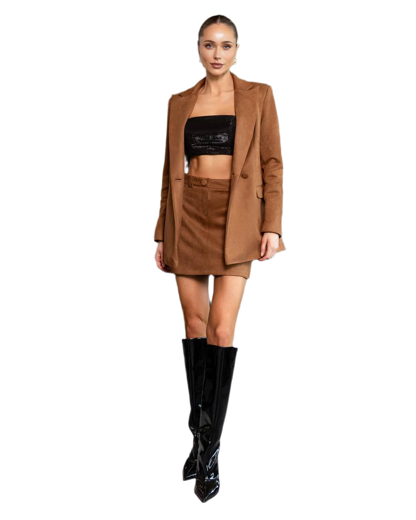 Womens Camel Suede Suit Skirt and Lined Jacket