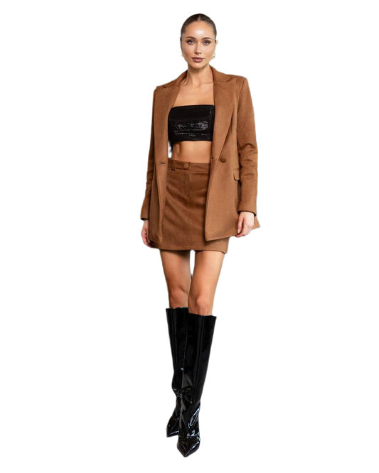 Womens Camel Suede Suit Skirt and Lined Jacket