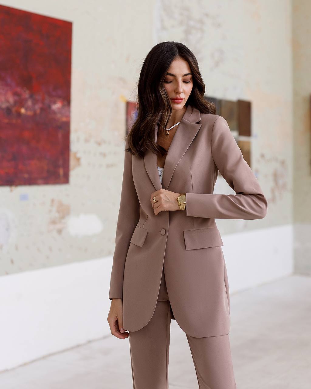 Premium Diagonal Crepe Women's Suit with Lined Blazer and Slim Pants