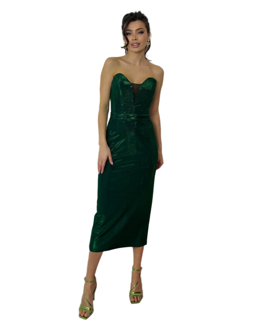 Elegant Strapless Midi Dress in Emerald Green Moonlight Jersey