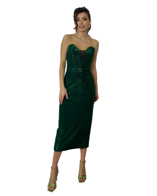 Elegant Strapless Midi Dress in Emerald Green Moonlight Jersey