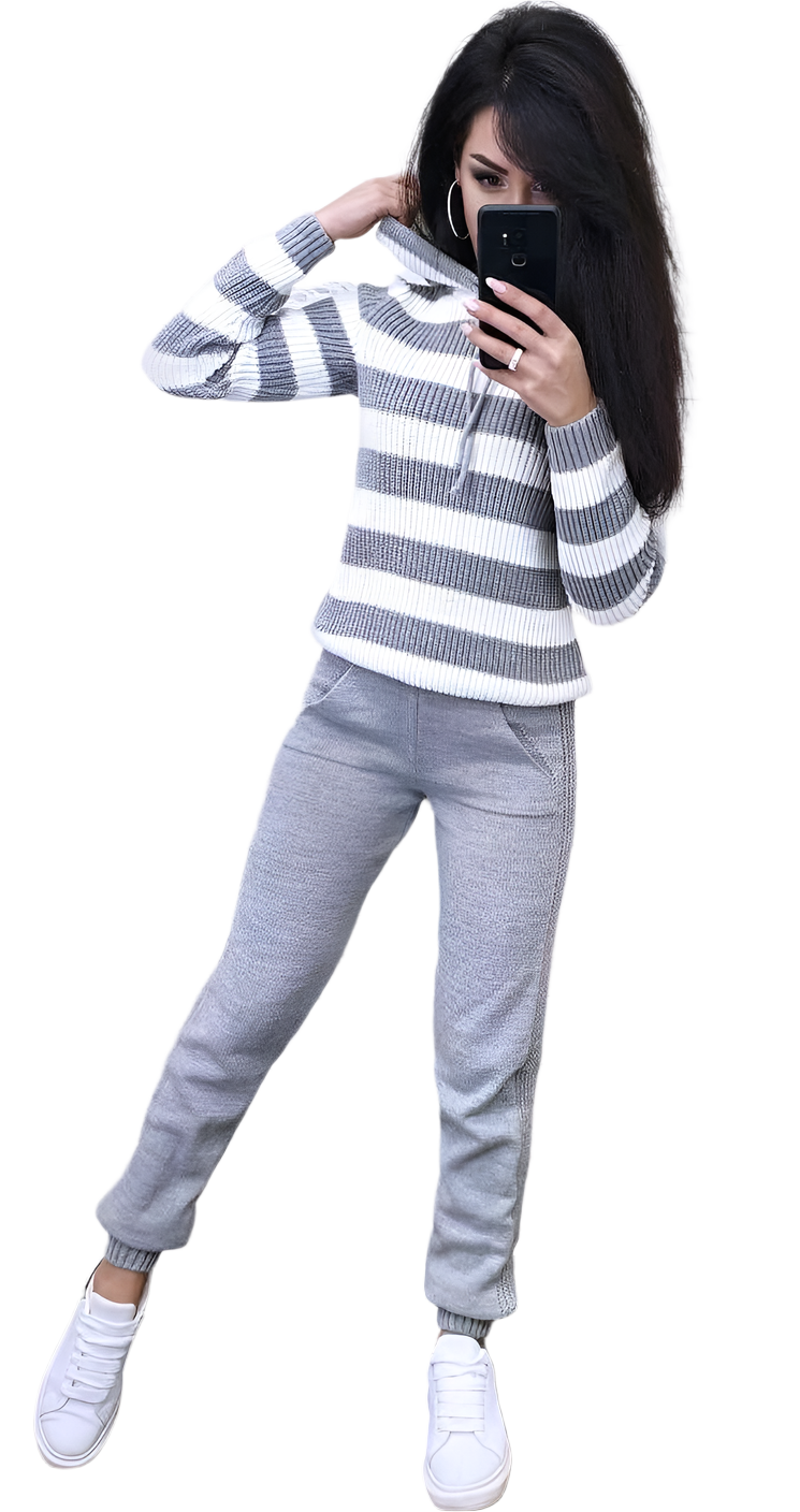 Warm Women's Suit Loose Knit Hoodie and Pants in Grey
