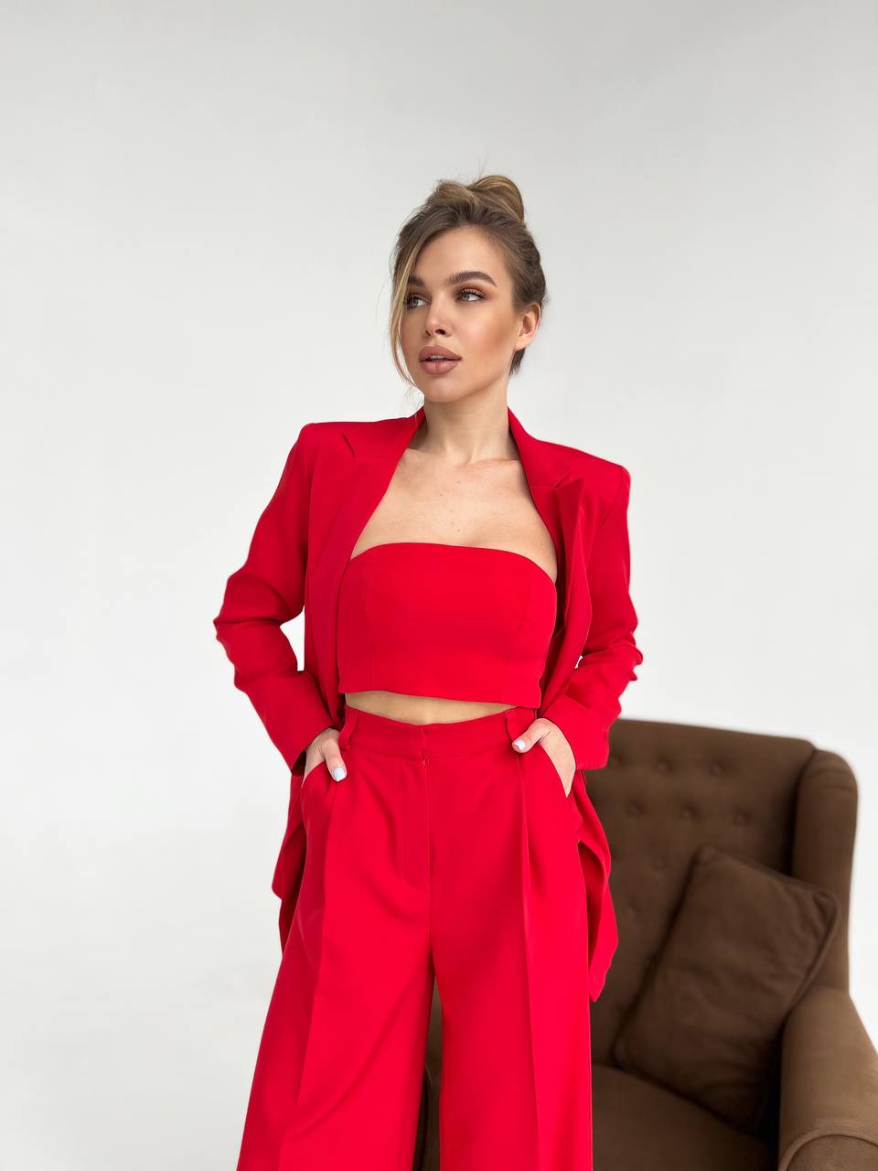 Red Diagonal Crepe Palazzo Suit Women Tailored Blazer Wide Leg Pants