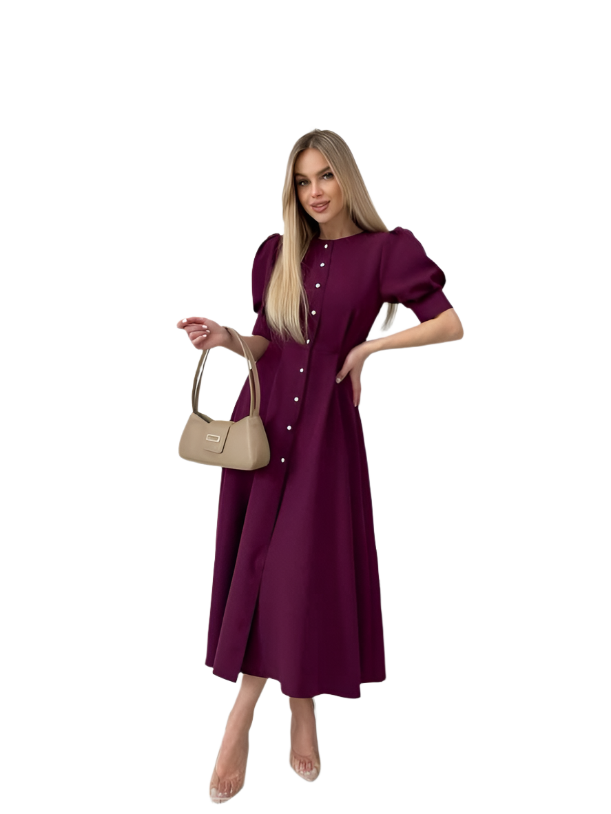 Elegant Purple Midi Dress with Button Front and Puff Sleeves