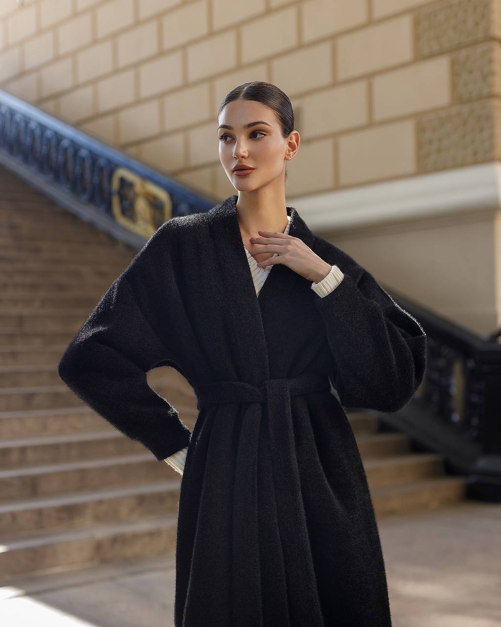Silva Fluffy Black Long Cardigan with Belt for Women