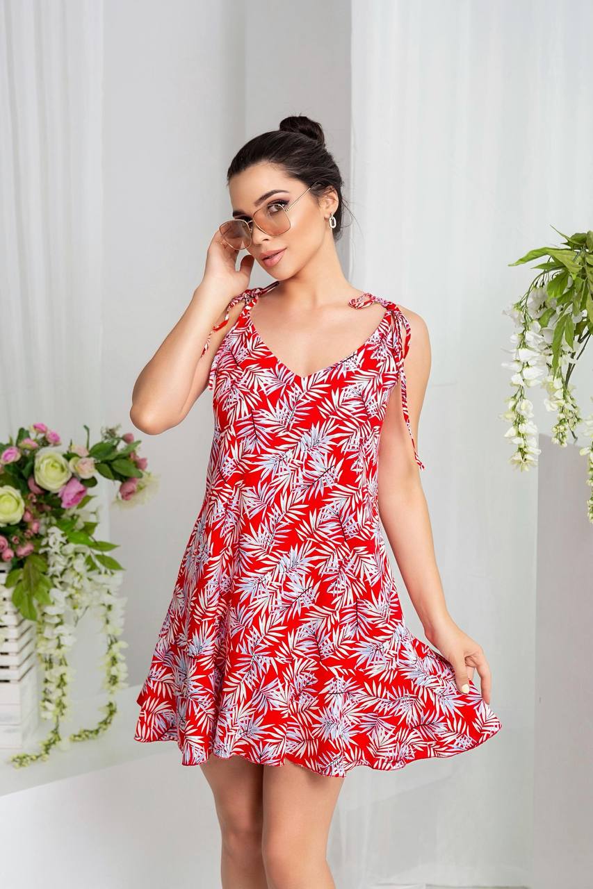 Printed Linen Sundress Women Summer Red Leaf Print