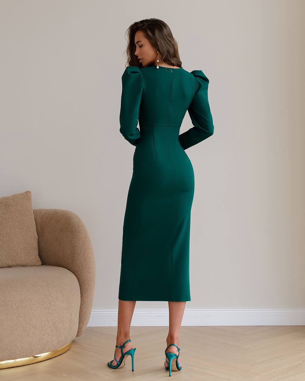 Elegant Green Midi Dress with Puff Sleeves and Front Slit for Women
