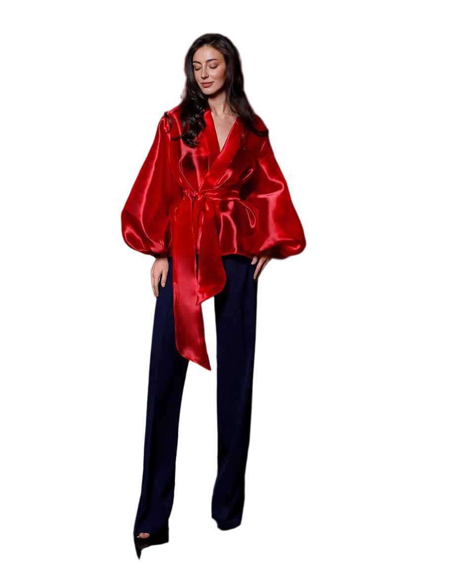 Womens Red Satin Blouse Tunic with Balloon Sleeves and Waist Tie
