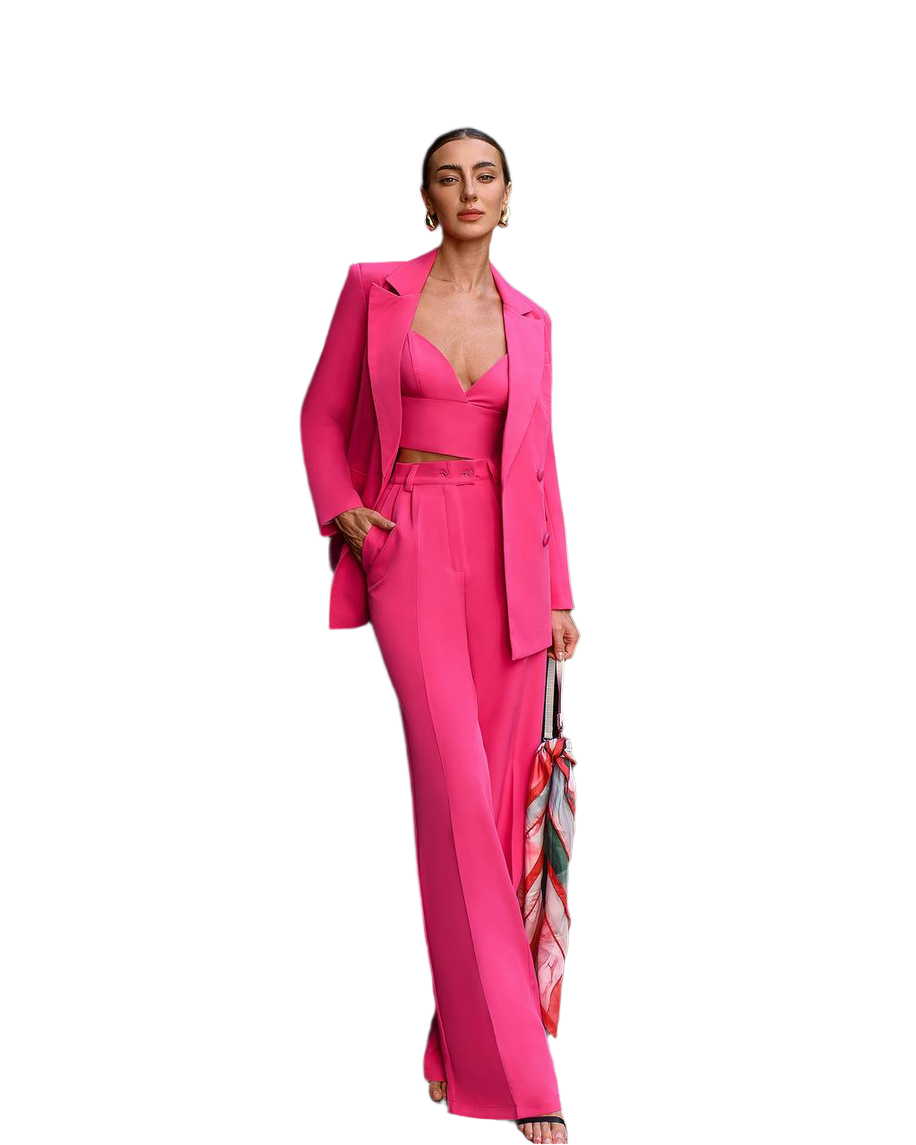 Prom Bridal Wedding Cocktail Graduation Pink Three-Piece Women Suit Jacket Top Trousers Pantsuit Palazzo Pants