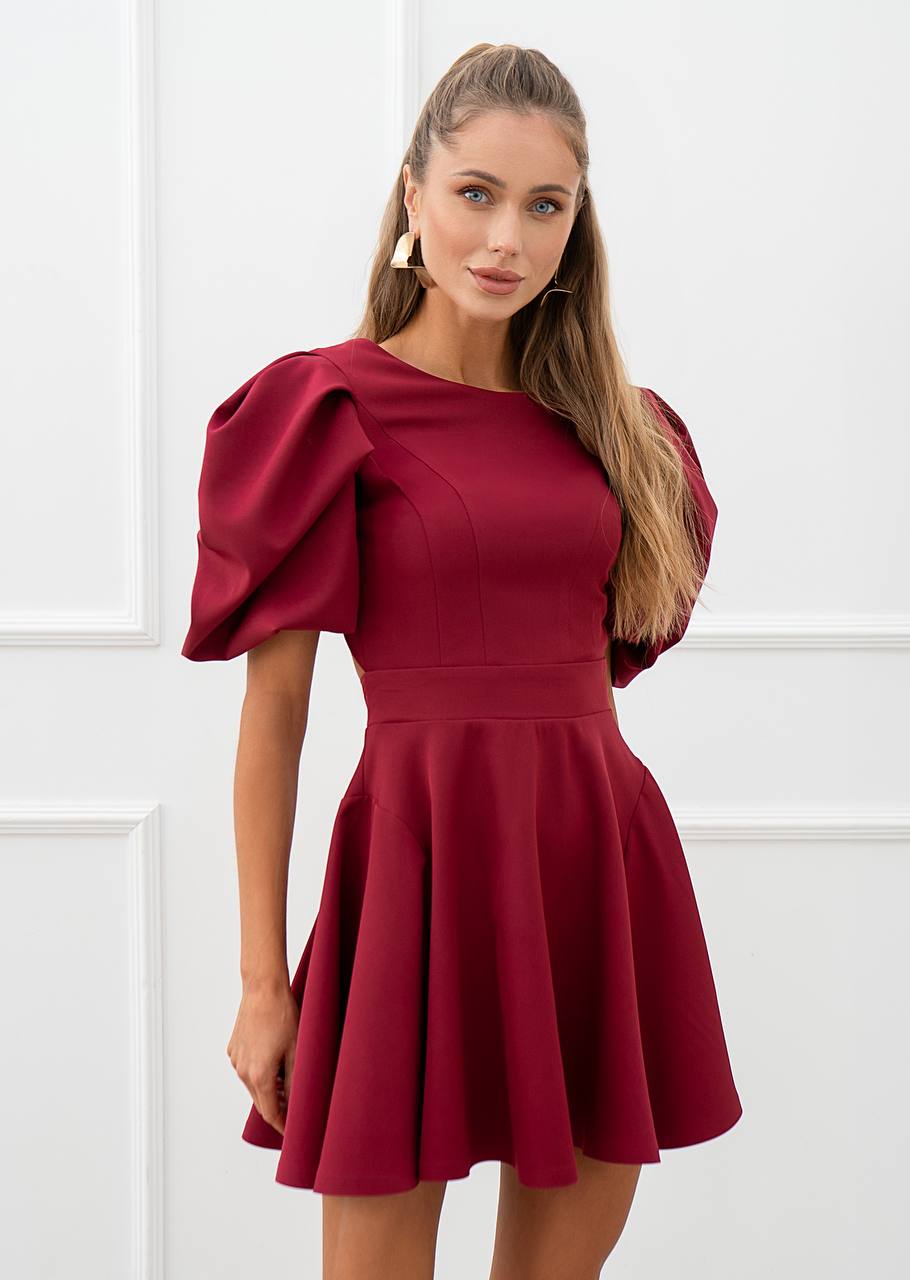 Woman wearing a burgundy dress with puffed sleeves against a white background