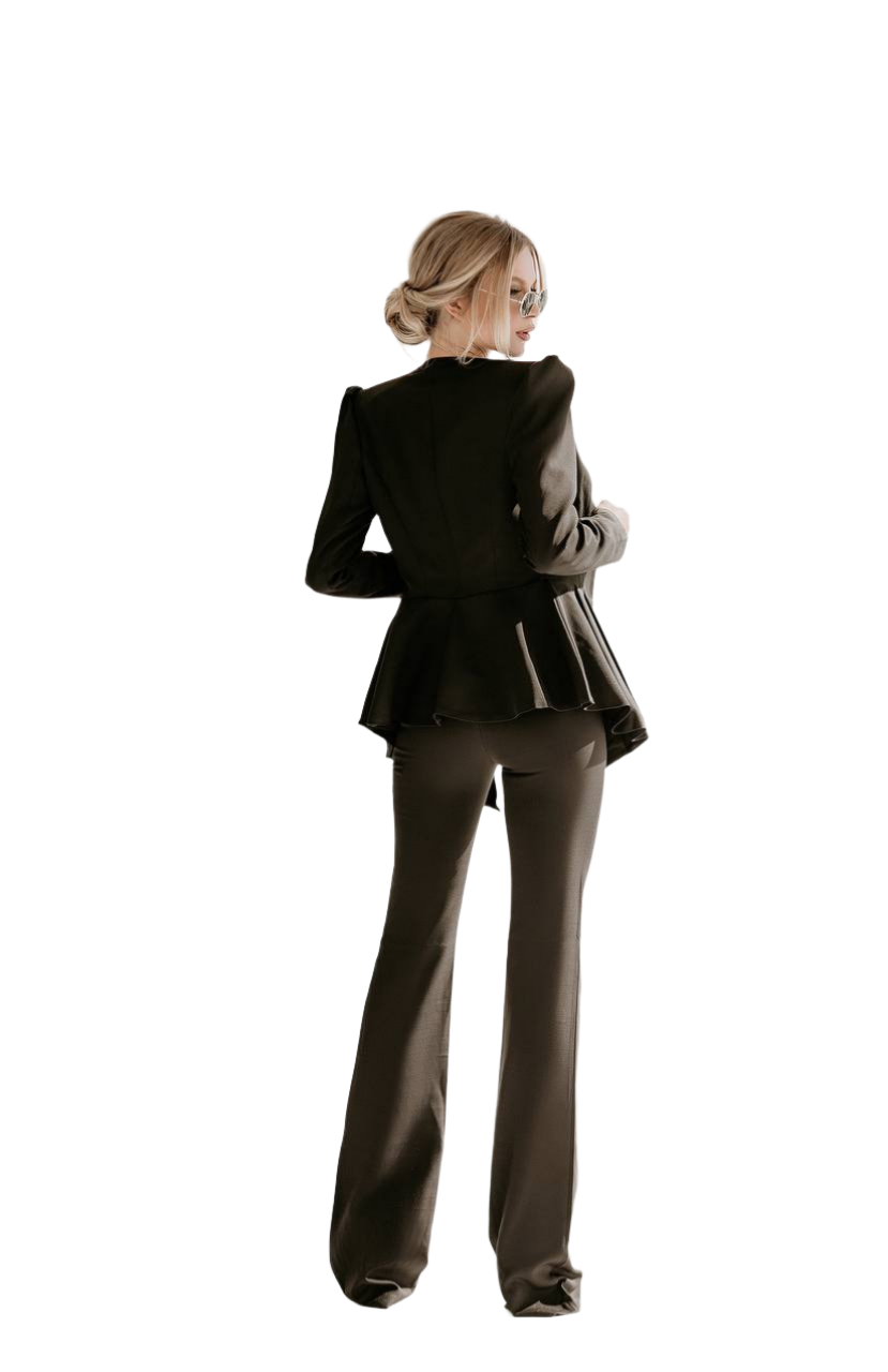 Person wearing a black suit on a white background