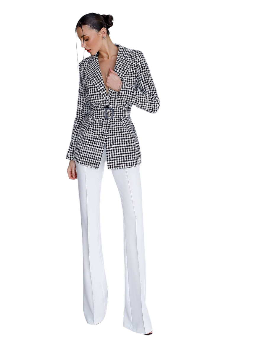 Stylish Houndstooth Blazer Jacket with Belt for Modern Chic Looks