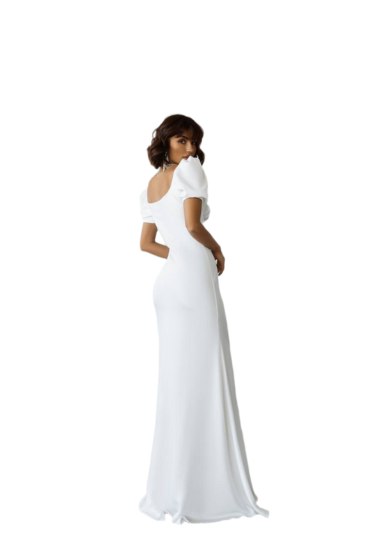 Woman wearing a white off-shoulder gown on a white background
