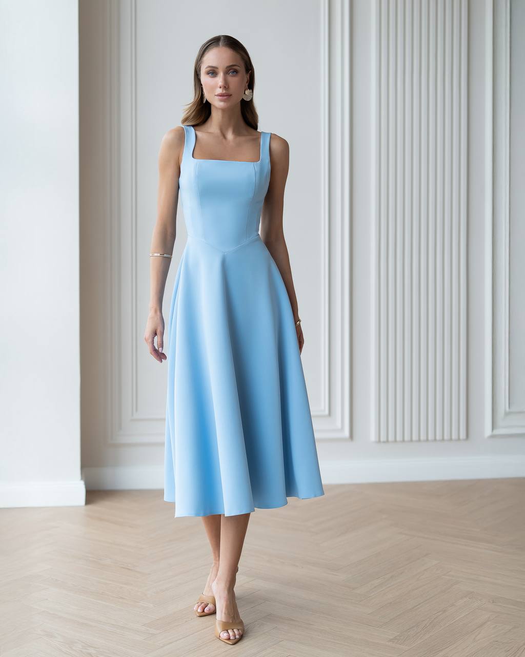 Elegant Blue Midi Dress in Premium Suit Crepe-Diagonal Fabric