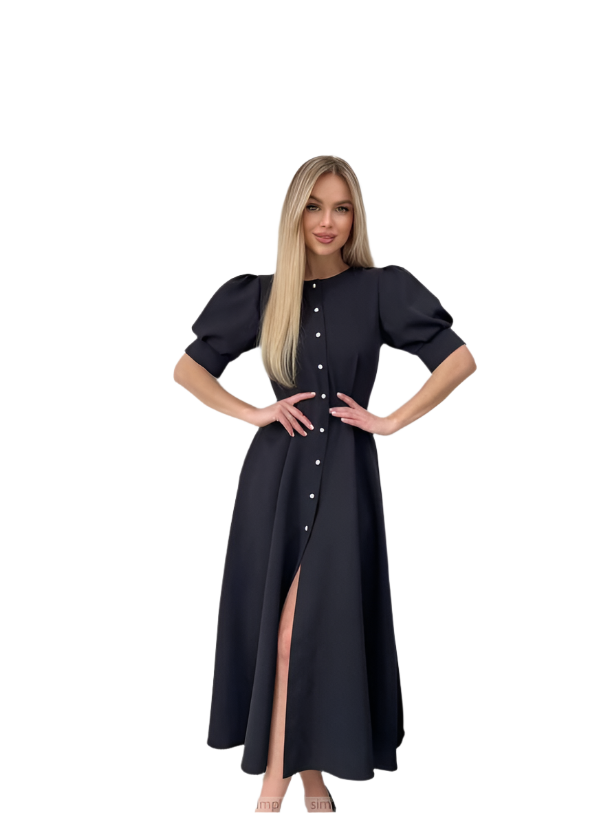 Elegant Black Midi Dress with Puff Sleeves and Button Front