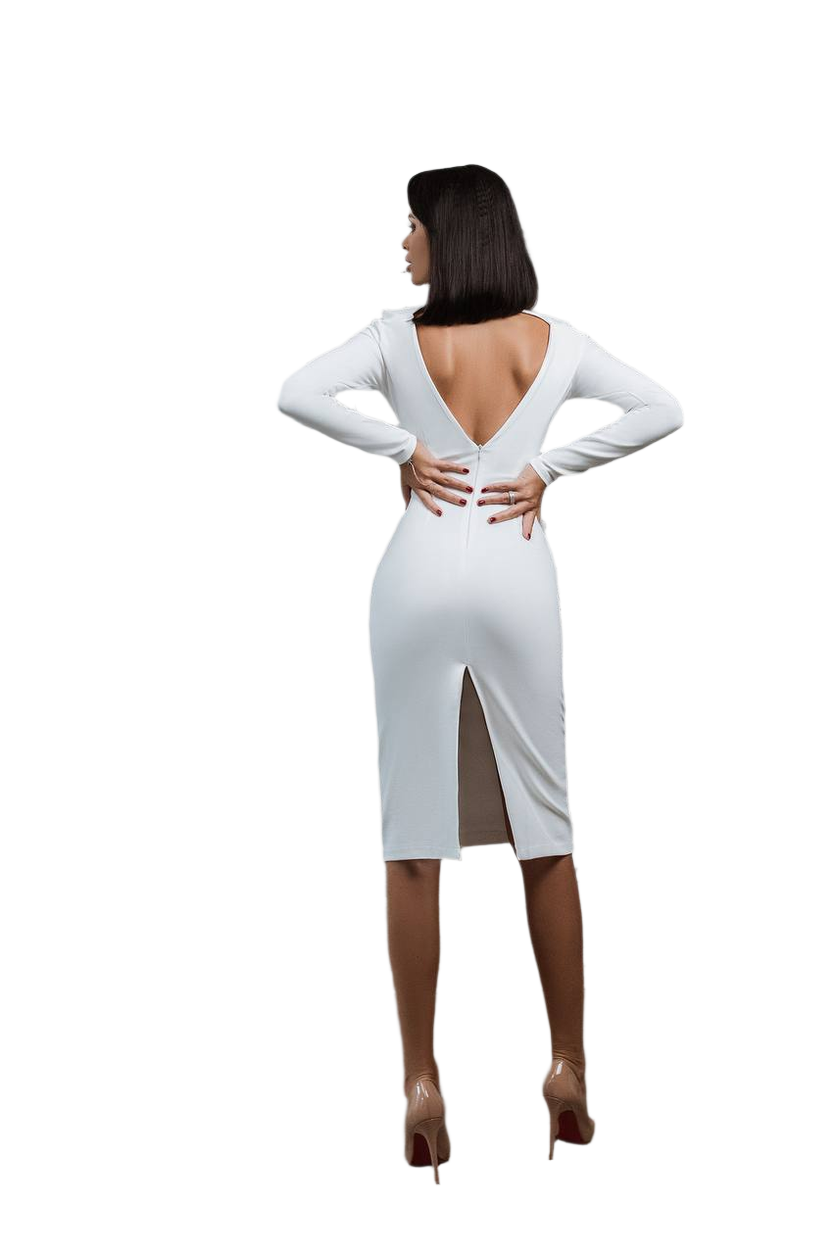 Woman wearing a white dress with a backless design on a white background