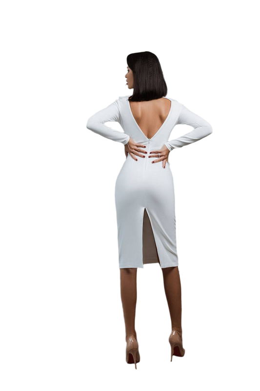 Woman wearing a white dress with a backless design on a white background